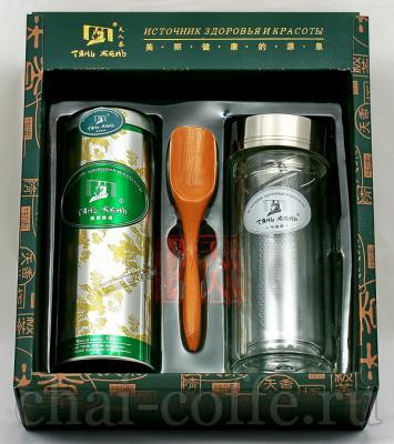 Чай Тянь Жень Подарочный набор зелёный с жасмином (ж/б 100г+заварной стакан+ложка)100гр